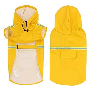 Imagem de Capa de chuva impermeável para cães macacão jaqueta de chuva ajustável refletiva para cães grandes médios pequenos poncho para animais de estimação PU leve com capuz, amarelo, P (peito: 34cm)
