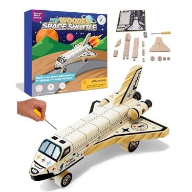 Imagem de Faça você mesmo, construa seu próprio ônibus espacial, kit de madeira com adesivos, kit de construção de madeira infantil para meninos e meninas - Brinquedos de haste de nave espacial para crianças de