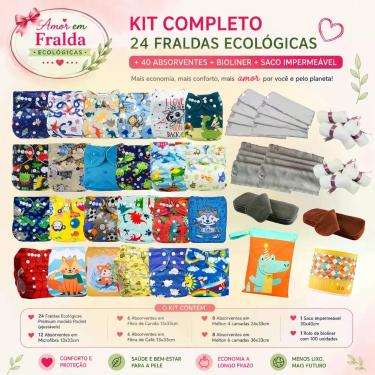 Imagem de Kit Completo 24 Fraldas Ecológicas Premium  40 Absorventes Alta Absorç