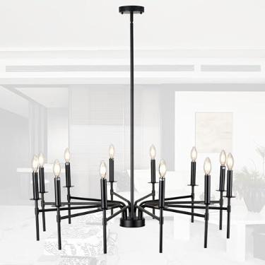 Imagem de Luminária pendente preta de 12 luzes, luminária moderna de sala de jantar de fazenda sobre mesa, lustre de cozinha geométrico de metal industrial para entrada corredor hall de entrada quarto