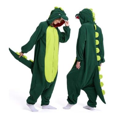 Imagem de RDSPTBEK Macacão de animal adulto – Pijama para mulheres e homens, casais, roupas de dormir de lã macia para cosplay de Halloween, Dinossauro, P
