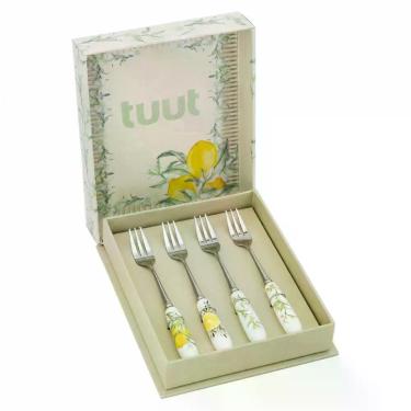 Imagem de Garfo de Sobremesa Limone Kit 4 Peças Aço Inox e Porcelana Cabo Estampado Mesa Posta Branco Verde e Amarelo Tuut