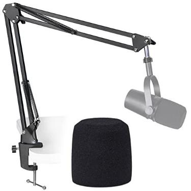 Imagem de SUNMON Suporte de microfone Shure MV7 Boom Arm com filtro pop, suporte de braço de tesoura de suspensão ajustável com filtro pop compatível com microfone Shure MV7, Shure MV7X e SM7B da SUNMON