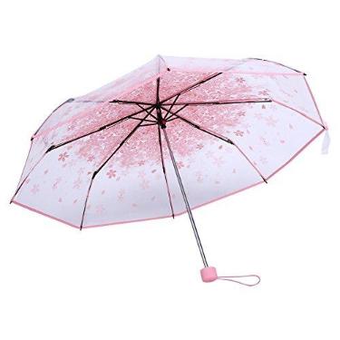 Imagem de Guarda-chuva de flor de cerejeira, 1 peça guarda-chuva dobrável transparente na moda guarda-chuva de viagem flor de cerejeira quatro cores(Pink)