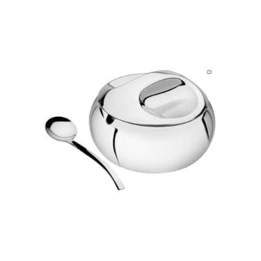 Imagem de Açucareiro em Aço Inox com Tampa de Vidro e Colher, Redondo, Cromado, 8,5cm de Diâmetro, 152g, para Cozinha
