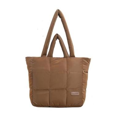 Imagem de Bolsa de compras de nylon versátil e espaçosa, bolsa de mão moderna com enchimento de plumas com fecho de zíper, Marrom escuro