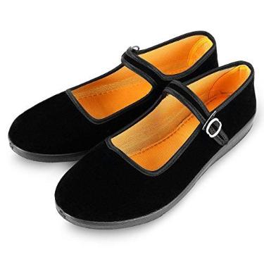 Imagem de APIKA Sapatos femininos de veludo Mary Jane preto Cottton Sapatilhas Yoga Exercício Sapatos de dança Old Beijing Sapatos de pano, Preto, 37