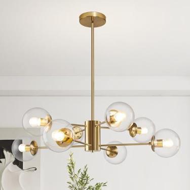 Imagem de Bagood Lustre Sputnik de globo de 8 luzes moderno dourado Sputnik lustre de globo de meados do século pendente de luz com acabamento em latão escovado com lustres de abajur de vidro transparente para