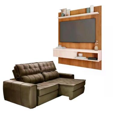 Imagem de Kit Sofá América 3 Lugares Retrátil e Reclinável com Painel Esmeralda Marrom Freijo Off White Estofados Matielo