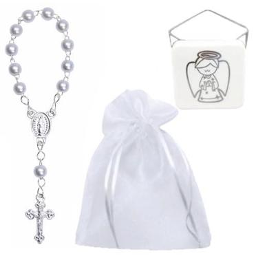 Imagem de Conjunto Mimos 12 Mini Terços com Pérola + 12 Caixas Acrílicas com Anjo + 12 Saquinhos de Organza ✝️ Kit Religioso para Lembrancinhas Batizado, Comunhão, Nascimento | Feito no Brasil 💖 (Branco)