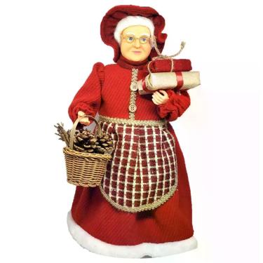 Imagem de Mamãe Noel Decorada Avental Xadrez Rústico, Cesta de Pinhas e Mini Pre