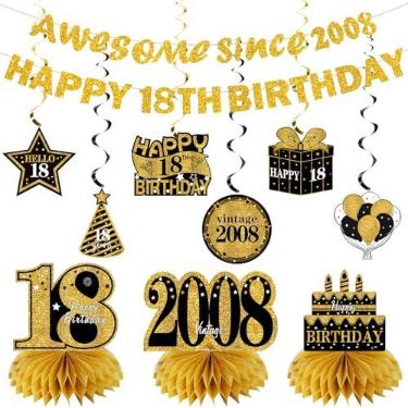 Imagem de Kuxriox Kit de decorações de aniversário de 18 peças para homens e mulheres, faixa dourada preta feliz aniversário de 18 anos, Awesome Since 2007 peças centrais redemoinhos suprimentos de festa, placa