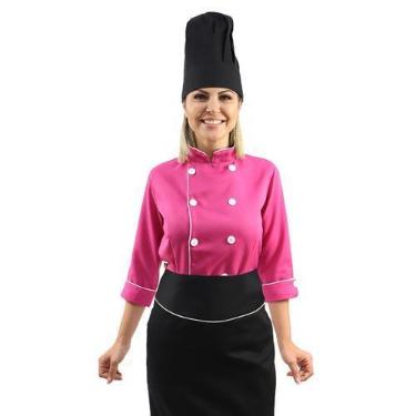 Imagem de Kit chef cozinha feminino Dolmã manga 3/4 + Avental preto + Chapéu pre