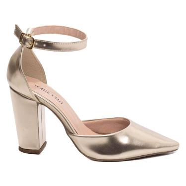 Imagem de Sapato Scarpin Salto Alto Grosso Bico Fino 9 cm Ouro Light Amarelo Tor