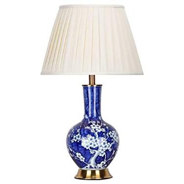 Imagem de Abajur de mesa com esmalte azul, luminária de cabeceira para quarto, porcelana Jingdezhen pintada à mão com motivos de flor de ameixeira, luminária de mesa grande de cerâmica oriental com va