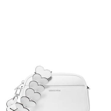 Imagem de Michael Kors Bolsa transversal pequena para câmera Jet Set, ferragens prateadas/couro com alça de coração/branco óptico