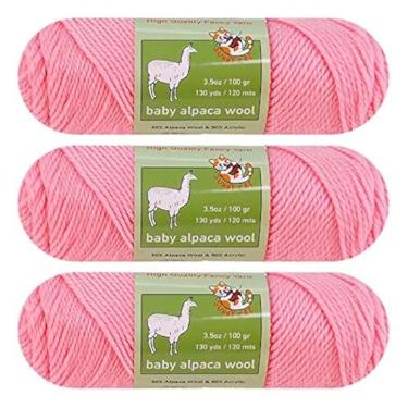 Imagem de Fio de mistura de lã de alpaca bebê, peso worsted, 3 novelos (100g/cada), artes e artesanato, crochê e tricô, marca premium Sunny Cat (03 Rosa Algodão Doce)