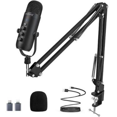 Imagem de Microfone USB Profissional com Braço Articulado, Condensador para Podcast, Streaming, Gravação, Preto, com Suporte de Mesa e Filtro Pop