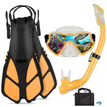 Imagem de AosDero Conjunto De Mergulho Com Snorkel Infantil - Nadadeiras Ajustáveis + Máscara Panorâmica Tubo Seco, Bolsas Viagem Adequadas Para Crianças 5 A 14 Anos