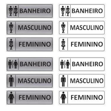 Imagem de Placas Sinalização Porta Banheiro WC Lavabo Masculino Feminino Unissex PVC c/Fita Dupla Face 29 x 9 cm (Kit branco 1)