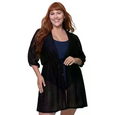 Imagem de Saída de Praia Feminina Rendada Plus Size Selene, X3, Preto