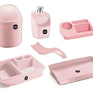 Imagem de Kit 6 Peças Utensílios Para Cozinha Com Lixeira E Escorredor De Louças UZ cor:Rosa