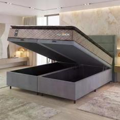 Conjunto Box Baú Atlanta Bege 193x203x69 Espuma D45 - King House