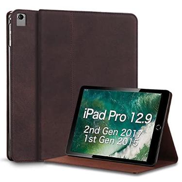 Imagem de Gexmil Capa para iPad Pro 12,9 polegadas, 2ª/1ª geração (2017/2015) capa de couro genuíno antiimpressões digitais/deslizante, capa fólio de couro de vaca hibernar/despertar automática com suporte