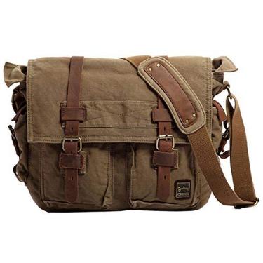 Imagem de Berchirly Bolsa carteiro masculina vintage militar de lona para laptop de 13,3 a 17 polegadas, Verde militar, L-14.7"