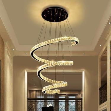 Imagem de Grande lustre de cristal para teto alto espiral moderno redondo grande led pingente luz ajustável longo foyer lustre para escada entrada sala estar sala jantar cozinha ilha quarto
