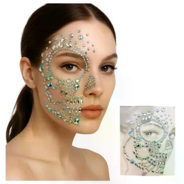 Imagem de Adereço Halloween: Pedras Strass Autoadesiva Facial Caveira Luxo (1 Un