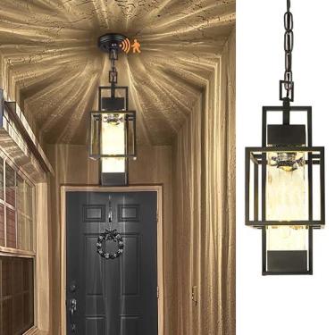 Imagem de PARTPHONER Sensor de movimento 38.1 cm luz pendente externa lanterna pendurada, metal preto moderno lustre externo montagem de teto com vidro de água para entrada da varanda frontal entrada entrada