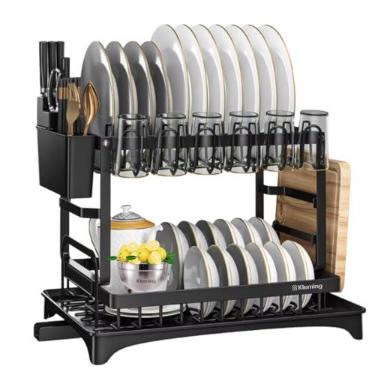 Imagem de KLEMING| Escorredores de Louça com Design em 2 Níveis, Preto em Aço Carbono Inoxidável, Escorredor de Pratos,com Bandeja Drenagem automática, Moderno, Antiderrapante.