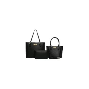 Imagem de Kit 3 Peças Bolsa Feminina com Alça Trançada, Couro Sintético, Preta, Bolsa Grande 30x27x11cm, Bolsa Média Transversal, Necessaire