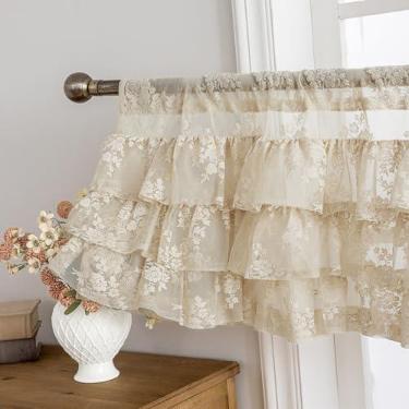 Imagem de Saia de renda bege com babados para janelas 1 painel L 130 x C 45 cm Rústico Floral Cottagecore saia transparente para janela de cozinha sobre pia, bolso de varão, privacidade de banheiro, cortina