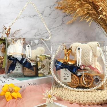 Imagem de Bolsa de presente transparente com alças de pérolas (2 peças, 20 x 19 x 10 cm), bolsa de plástico resistente à prova d'água para festa, mercadoria reutilizável, varejo, transparente, sacolas de