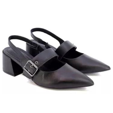 Imagem de Scarpin Couro Usaflex Slingback Salto Bloco Feminino - Preto - 38