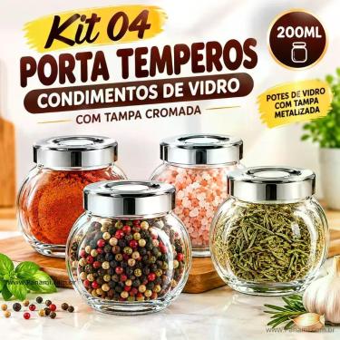 Imagem de Kit Porta Tempero com 4 Peças  Tampa Cromada  Porta Condimento Guardar