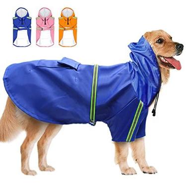 Imagem de Capa de chuva impermeável para cães macacão jaqueta de chuva ajustável refletiva para cães grandes médios pequenos poncho para animais de estimação PU leve com capuz, azul, 2GG (peito: 62cm)