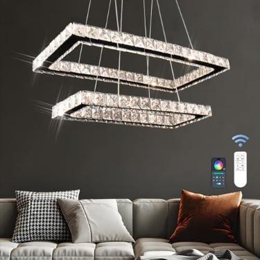 Imagem de Finktonglan Lustres modernos com controle remoto, 20,5 polegadas LED regulável 2 anéis lustre de cristal retangular altura ajustável, luz pendente de luz de ilha para sala de jantar, cozinha, sala de