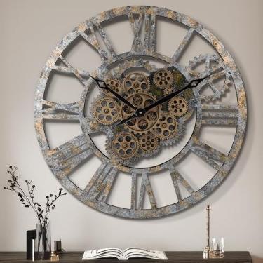 Imagem de Lafocuse Relógio de engrenagem Steampunk de 58 cm com engrenagens móveis de | Relógio de parede grande rústico industrial para decoração de sala de estar, cozinha, algarismos romanos, operado por bateria