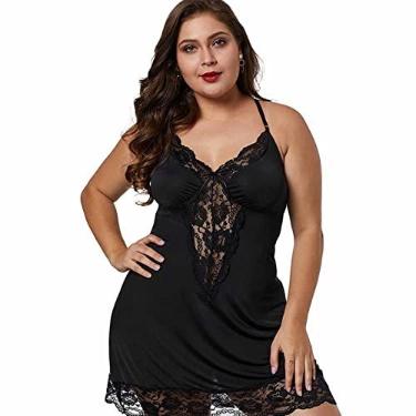 Imagem de Saia noturna de renda camisola loungewear pijama pijama pijama feminino ultramacio camisola confortável plus size, preto, XXL (75kg/180cm)