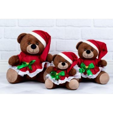 Imagem de Ursinhos de Pelúcia de Natal - Vestido, Conjunto de Tedde 3 Pçs. (Vestido com Lese Padrão - Pelúcia Marrom)