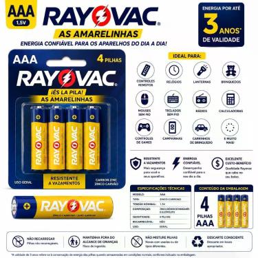 Imagem de Pilha Rayovac as Amarelinhas Zinco-Carvão 1,5V Resistente a Vazamentos Amarelo 4UN AAA
