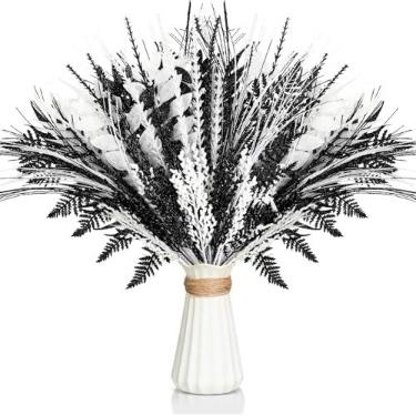 Imagem de Motionchic 50 palhetas e sprays de árvore de Natal, galhos de pinheiro com glitter, hastes de ramo com glitter para decoração de guirlanda de vaso de Natal (preto, branco)