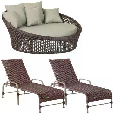 Imagem de Kit Chaise Hungria E Espreguiçadeiras Catar Trama Original Marrom