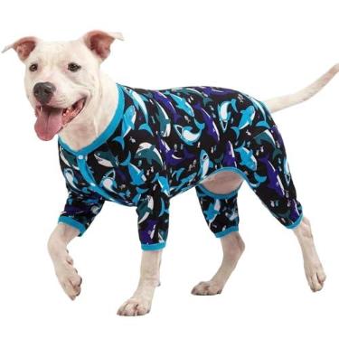 Imagem de LovinPet Dog Onesies-Pet Anxiety Relief, Pijama Anti-Queda de Pelo para Cães, Tecido Elástico Leve, Estampa Branca Whale Hello There, Pijama para Cães Grandes, Roupas Pitbull para Todas As Estações/Gr