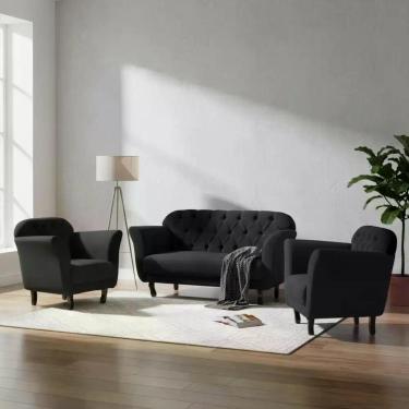 Imagem de Kit Namoradeira + 2 Poltronas Decorativa Dália Suede Preto Pés Madeira