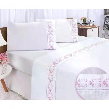 Imagem de Jogo Lençol Veneza Quarto Casal King Bordado 4 Peças 2fronha Cor: Branco Com Rose
