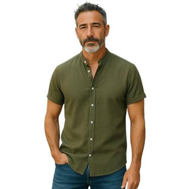 Imagem de Camisa Social Botão Manga Curta Masculina Gola Padre - Volgue, Verde m